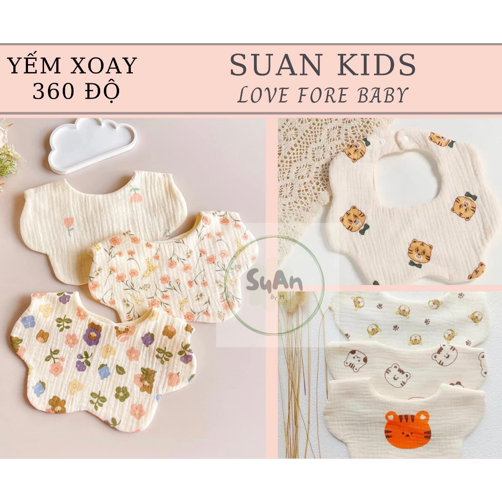 Yếm Xô Tròn Hình Cánh Hoa Xoay 360 Độ Mềm Mịn Thấm Hút Siêu Tốt, Yếm dãi, Yếm ăn dặm có cúc bấm - SUAN KIDS