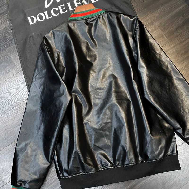 Áo Khoác Bomber Da Nam Nữ GC Da Đen Bóng Trơn Phối Bo Chun Sọc Xanh Đỏ Lót Gió 2 Lớp Dày Dặn Hàng Siêu Cấp Cho Boy