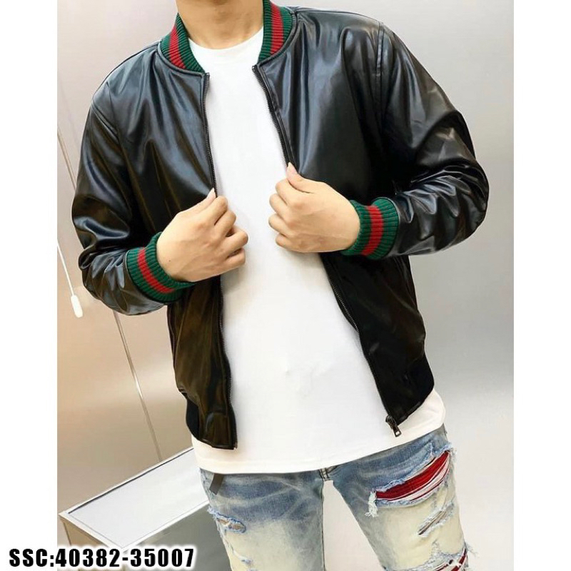 Áo Khoác Bomber Da Nam Nữ GC Da Đen Bóng Trơn Phối Bo Chun Sọc Xanh Đỏ Lót Gió 2 Lớp Dày Dặn Hàng Siêu Cấp Cho Boy