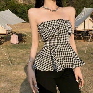 Áo bẹt vai caro dây rút N0410