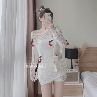 Áo len lưới hoạ tiết cherry cute tay dài from rộng hàng qc