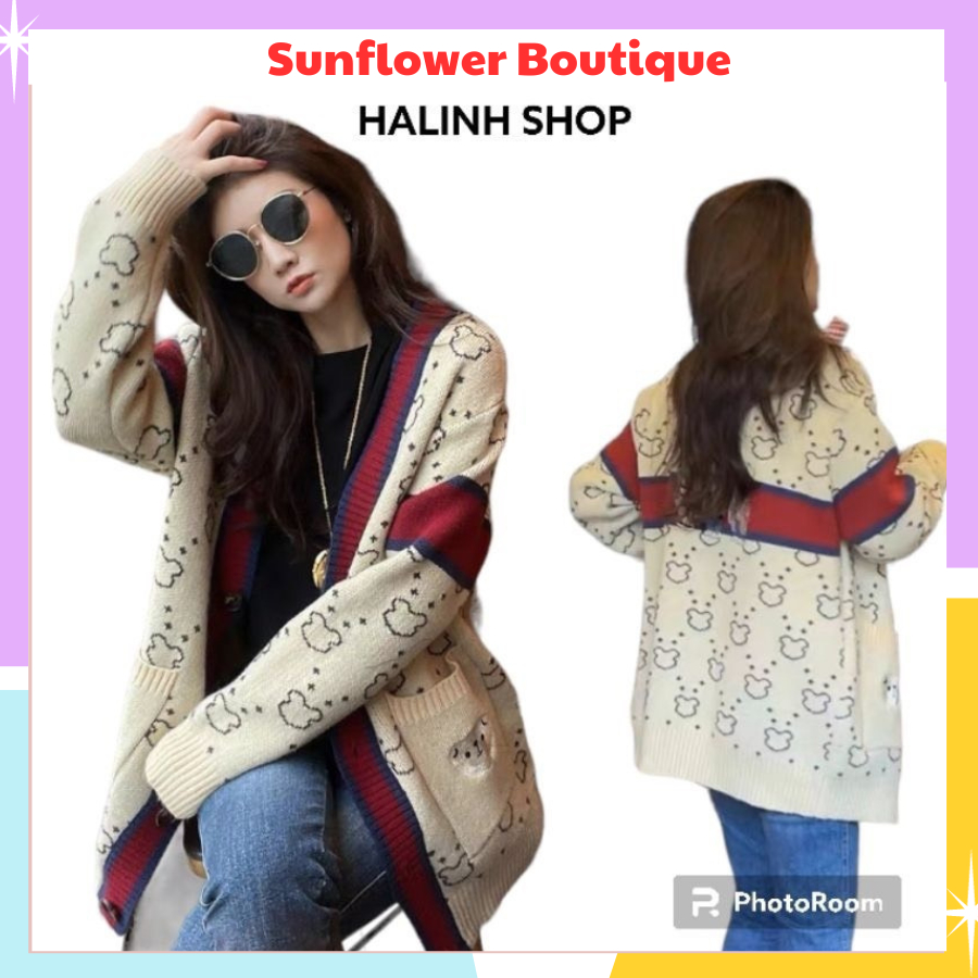 Áo khoác cadigan gấu viền đỏ siêu hot, áo khoác chất nỉ ngoại lót lông ấm áp cho mùa đông