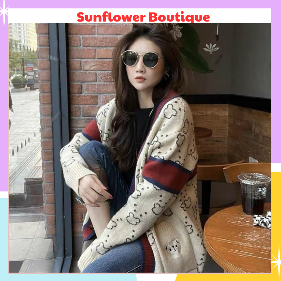 Áo khoác cadigan gấu viền đỏ siêu hot, áo khoác chất nỉ ngoại lót lông ấm áp cho mùa đông