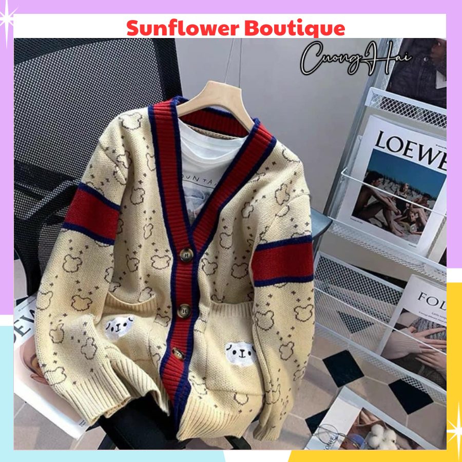 Áo khoác cadigan gấu viền đỏ siêu hot, áo khoác chất nỉ ngoại lót lông ấm áp cho mùa đông