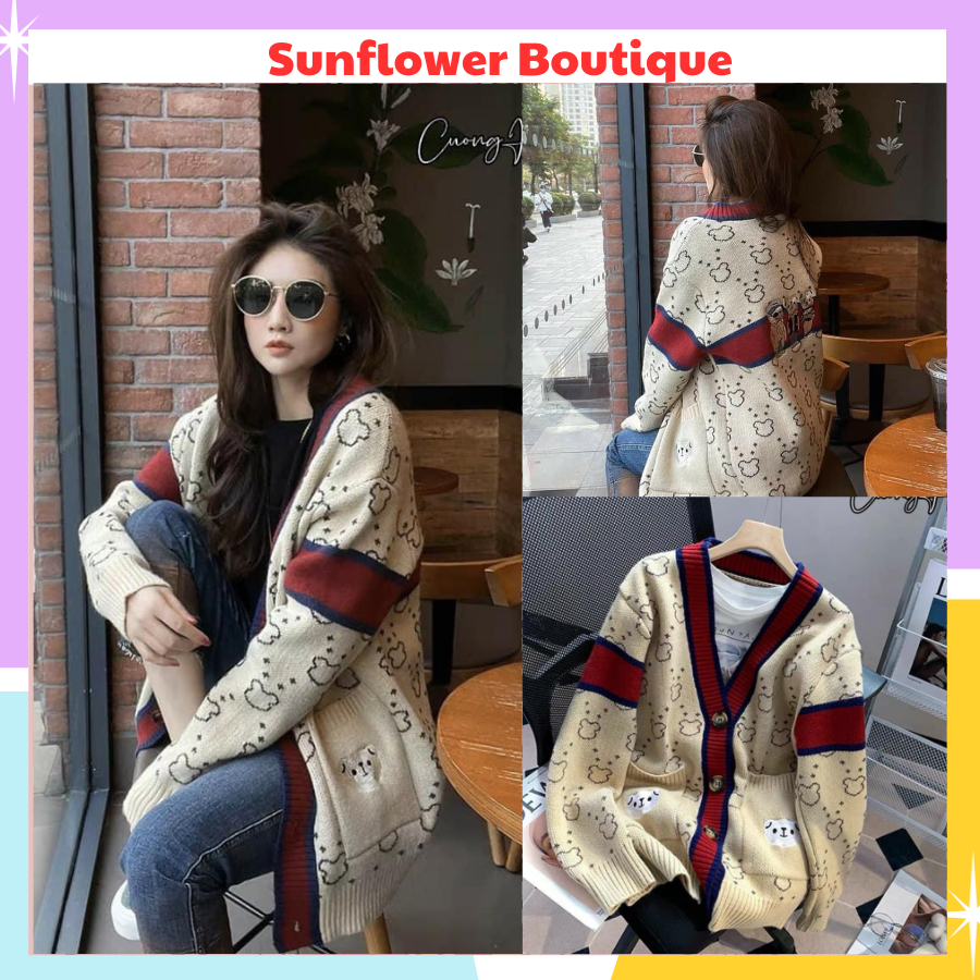 Áo khoác cadigan gấu viền đỏ siêu hot, áo khoác chất nỉ ngoại lót lông ấm áp cho mùa đông