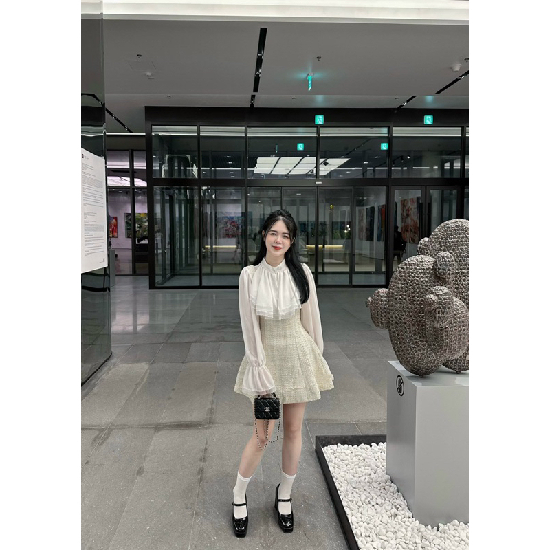 Váy dạ tweed phối tay cổ bèo tiểu thư