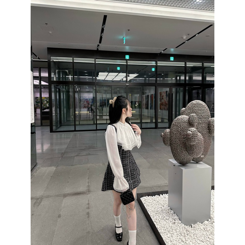 Váy dạ tweed phối tay cổ bèo tiểu thư