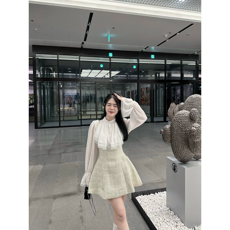 Váy dạ tweed phối tay cổ bèo tiểu thư