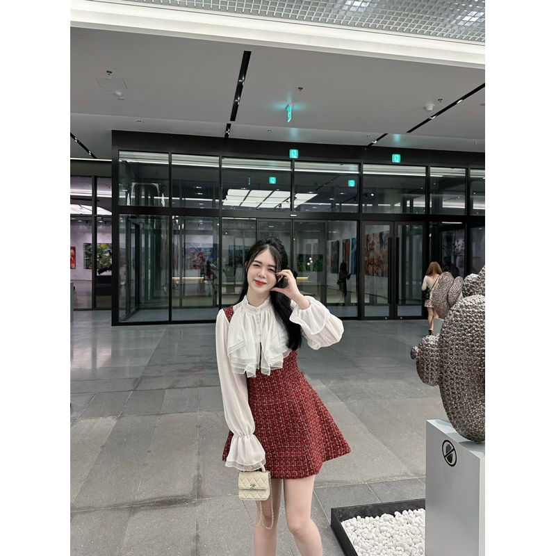Váy dạ tweed phối tay cổ bèo tiểu thư