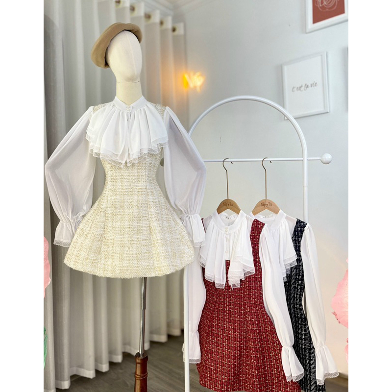 Váy dạ tweed phối tay cổ bèo tiểu thư