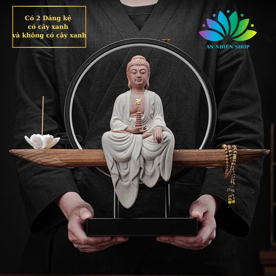 Thác Khói Trầm Hương Tượng Quan Thế Âm Bồ Tát , Phong Thủy Bồ Tát An Nhiên Kệ Gỗ Có Đèn Led , Cây Xanh Tài Lộc