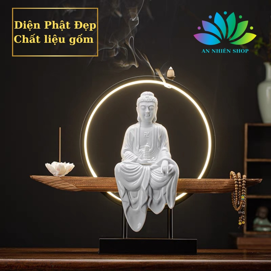 Thác Khói Trầm Hương Tượng Quan Thế Âm Bồ Tát , Phong Thủy Bồ Tát An Nhiên Kệ Gỗ Có Đèn Led , Cây Xanh Tài Lộc