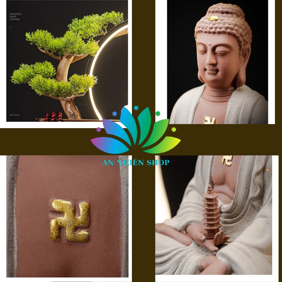 Thác Khói Trầm Hương Tượng Quan Thế Âm Bồ Tát , Phong Thủy Bồ Tát An Nhiên Kệ Gỗ Có Đèn Led , Cây Xanh Tài Lộc