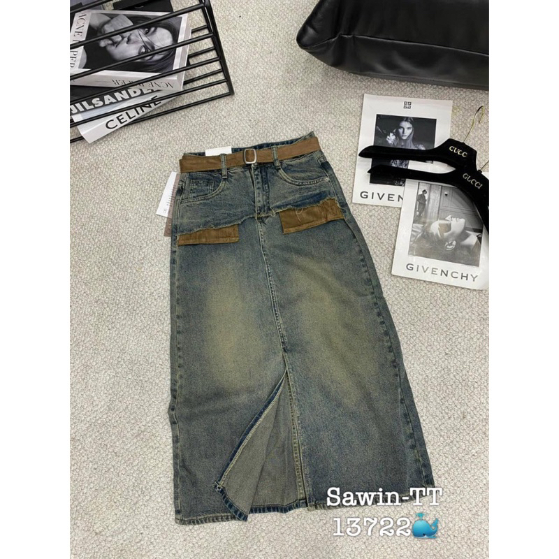 Chân váy bò dài chữ  A kèm đai hàng quảng châu