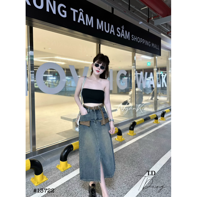 Chân váy bò dài chữ  A kèm đai hàng quảng châu