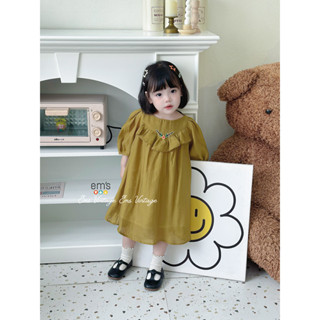 Váy bé gái tơ cốm oliu thêu tay ems