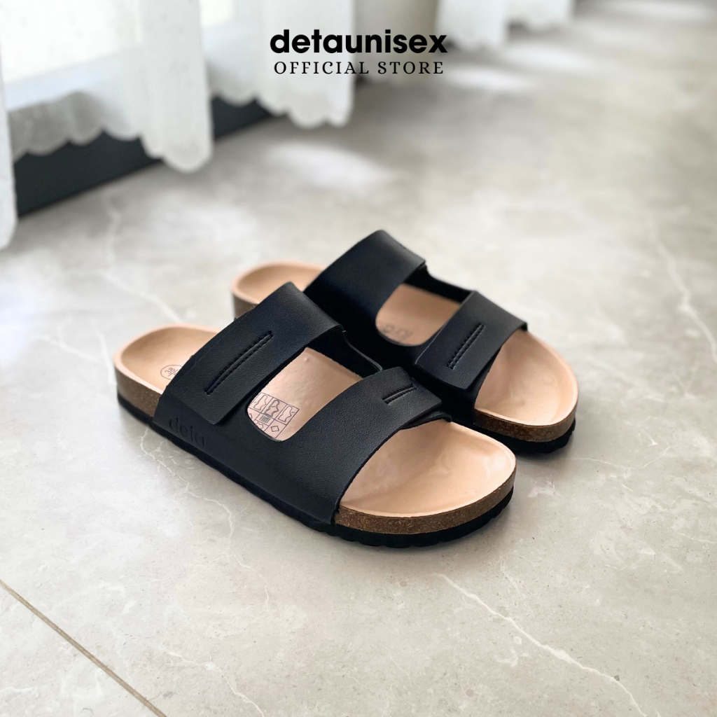 Dép đế trấu da bò thật 2 quai ngang nam nữ Birken tiện dụng DETAUNISEX lót si kem - DEBO25D