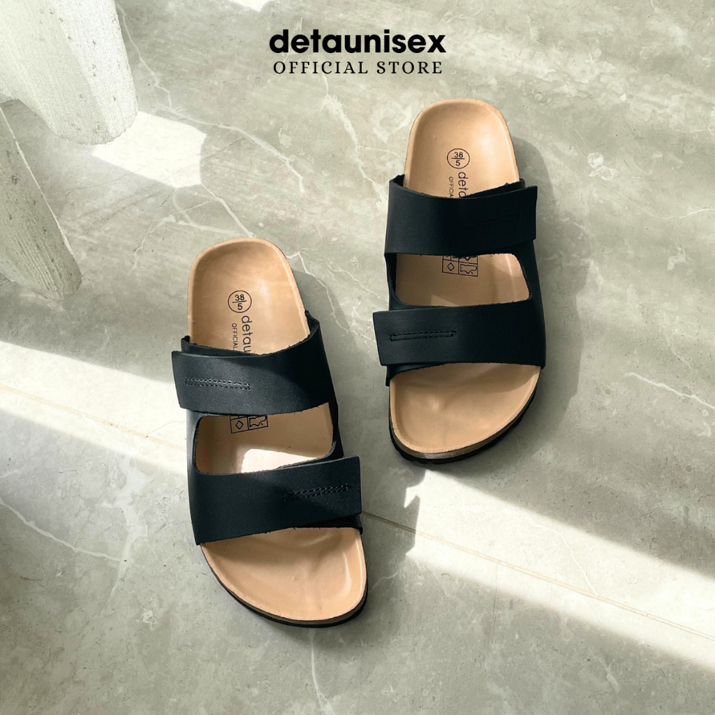 Dép đế trấu da bò thật 2 quai ngang nam nữ Birken tiện dụng DETAUNISEX lót si kem - DEBO25D