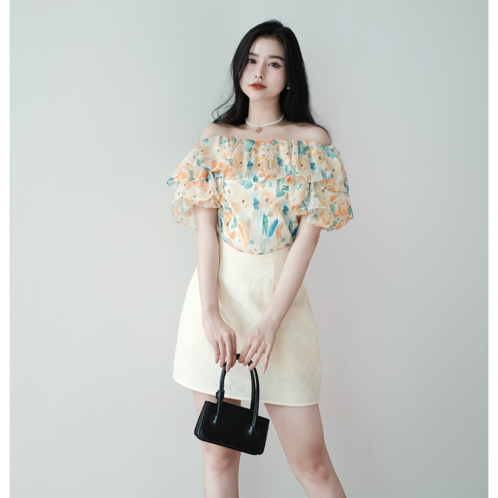 Set váy nữ NV Store 508 phong cách trễ vai chất liệu voan có hoa nhí và chân váy tafta dáng chữ A