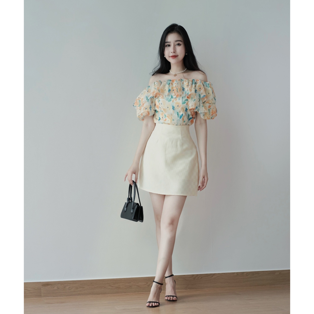 Set váy nữ NV Store 508 phong cách trễ vai chất liệu voan có hoa nhí và chân váy tafta dáng chữ A