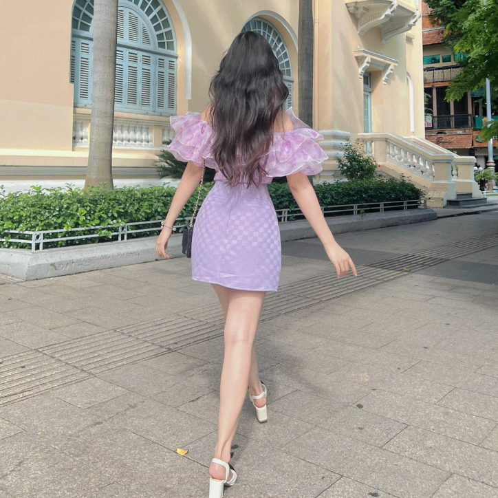 Set váy nữ NV Store 508 phong cách trễ vai chất liệu voan có hoa nhí và chân váy tafta dáng chữ A