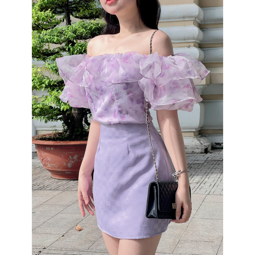 Set váy nữ NV Store 508 phong cách trễ vai chất liệu voan có hoa nhí và chân váy tafta dáng chữ A