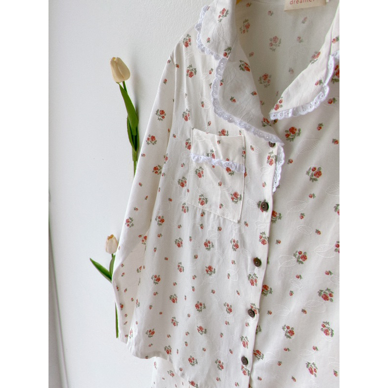 RED FLORA PIJAMA Bộ mặc nhà pijama nữ dài tay phối viền bèo hoa nhí