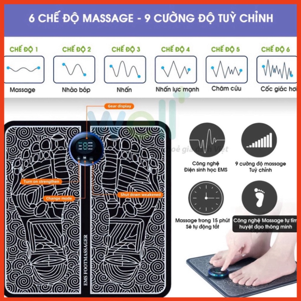 Thảm Massage Chân Xung Điện EMS Có LED Hiển Thị, 6 quy cách massas Bàn Chân, Giúp lưu thông Khí Huyết