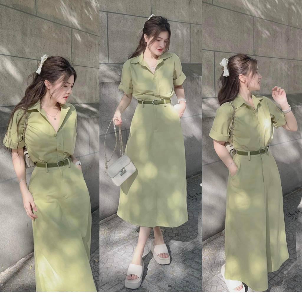 Set bộ đồ nữ kaki áo sơ mi ngắn tay phối chân váy dáng dài kèm nịt với tone màu xanh siêu hot, xinh xắn cho các nàng
