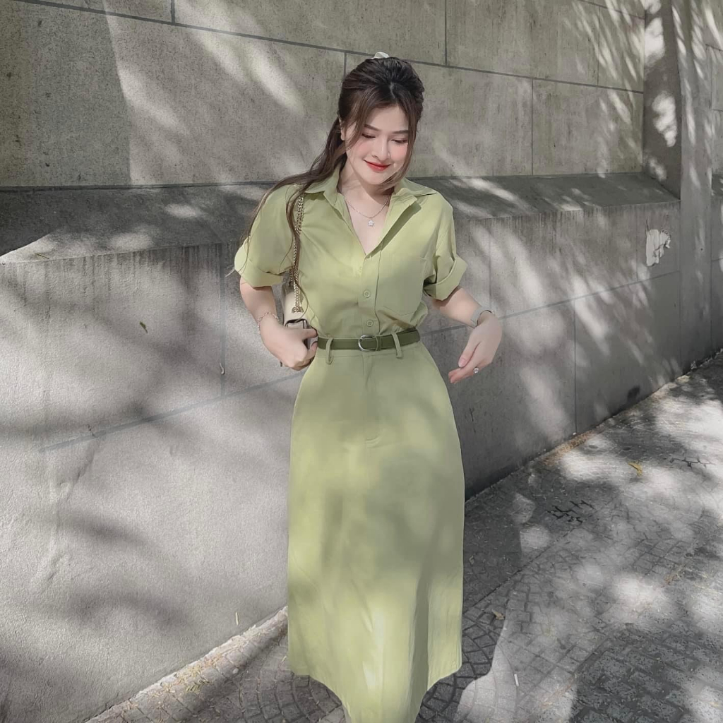 Set bộ đồ nữ kaki áo sơ mi ngắn tay phối chân váy dáng dài kèm nịt với tone màu xanh siêu hot, xinh xắn cho các nàng