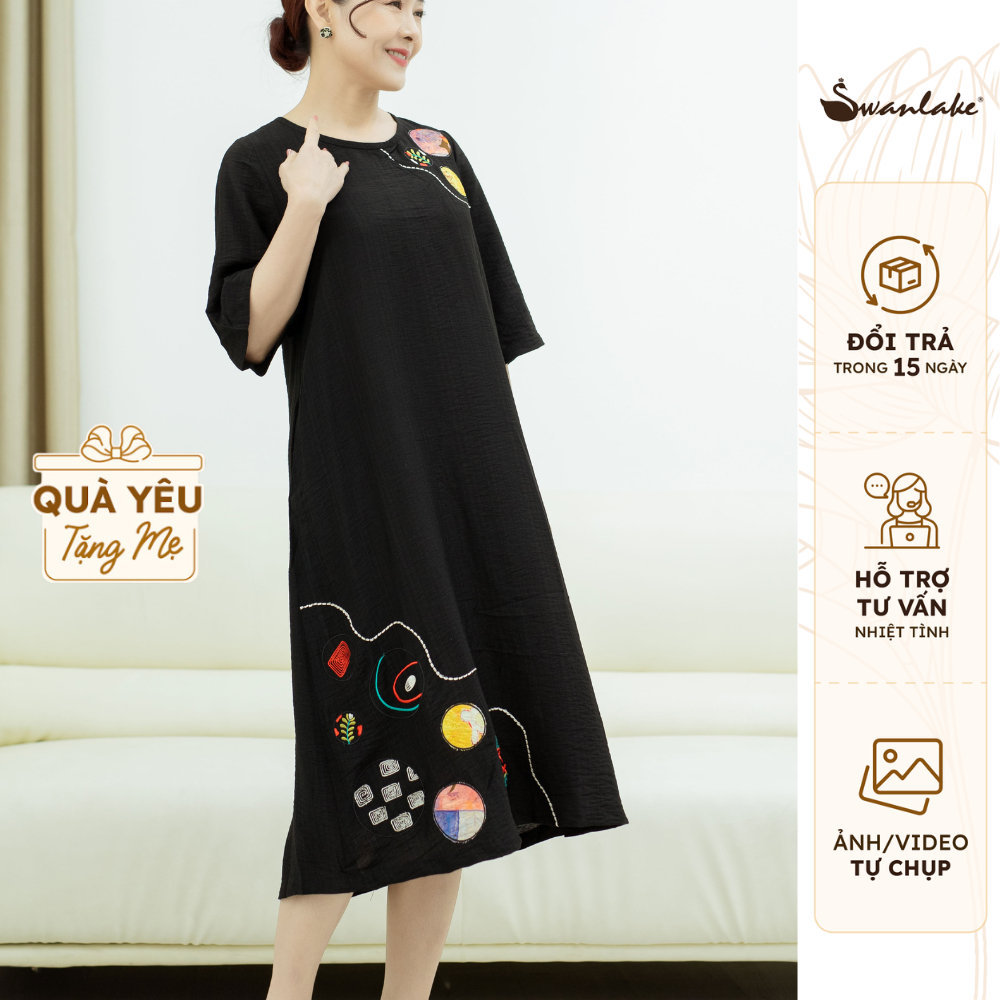 Đầm Trung Niên Dài Tặng Mẹ, Phom Suông A, Tay Lỡ Thanh Lịch, Cổ Tròn, Thêu Đắp Vải Lụa Hàn Swanlake - D10450LW01