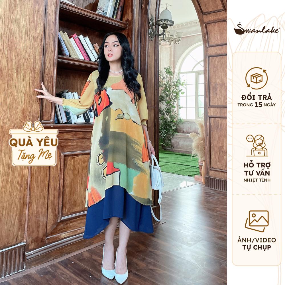 SWANLAKE | Đầm Trung Niên Đi Tiệc, Sang Trọng Phom Rộng Vải Voal Bông 2 Lớp Cao Cấp - MÃ: D10609LW01