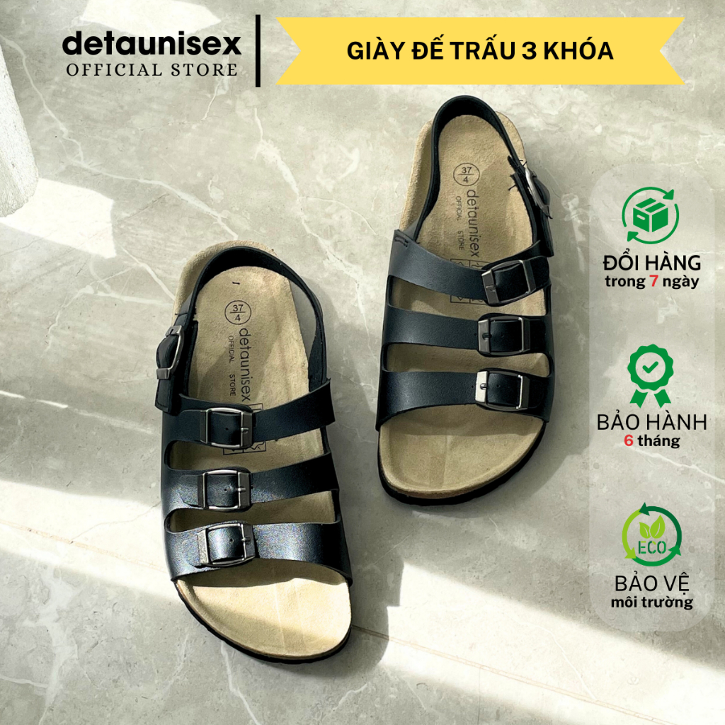 Dép đế trấu sandal quai ngang 3 khóa nam nữ Birken thời trang cá tính Detaunisex - màu Đen - SATA31D