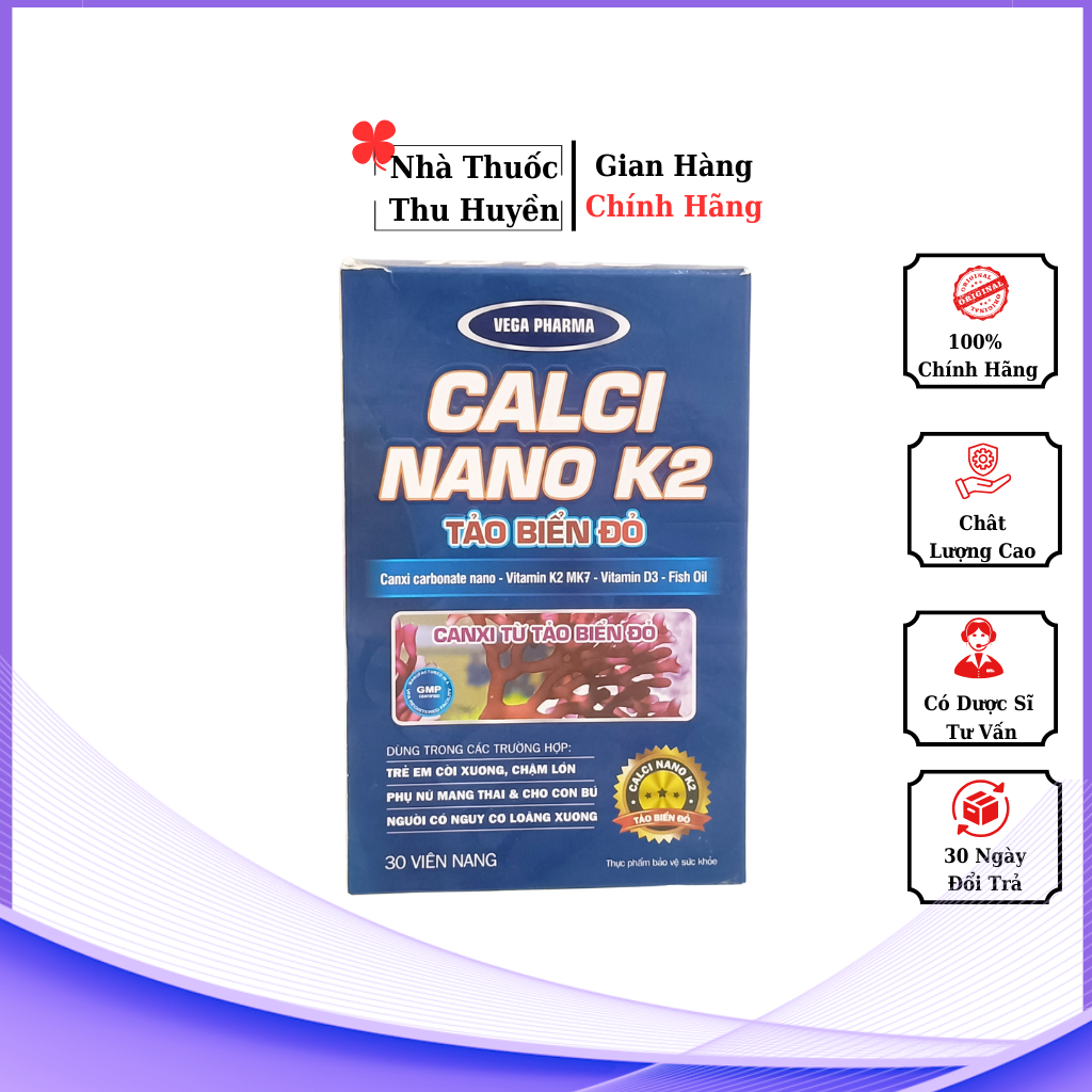 Calci Nano K2 Tảo Biển Đỏ - Bổ sung canxi ngăn ngừa loãng xương,giúp răng chắc khỏe - 30 viên