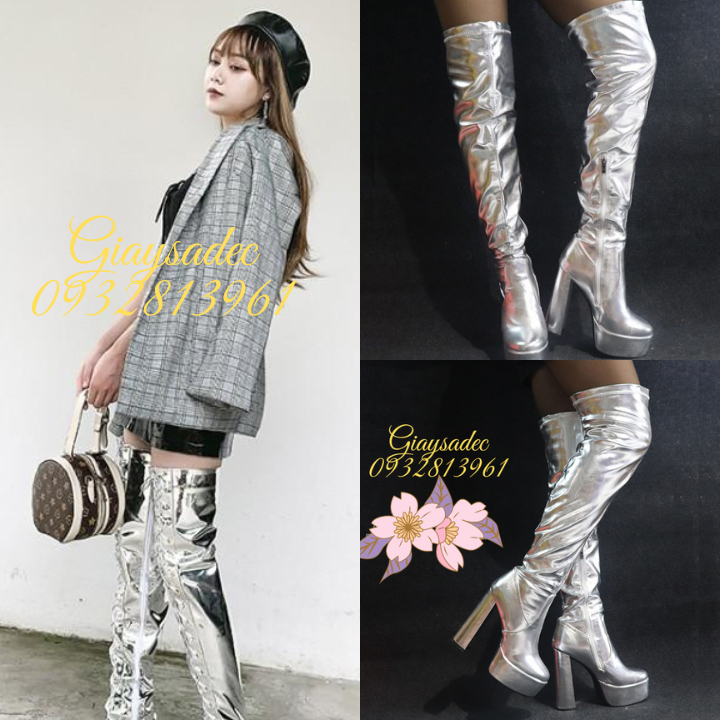 Boot đùi mũi tròn màu bạc đế vuông 15cm GBD01B