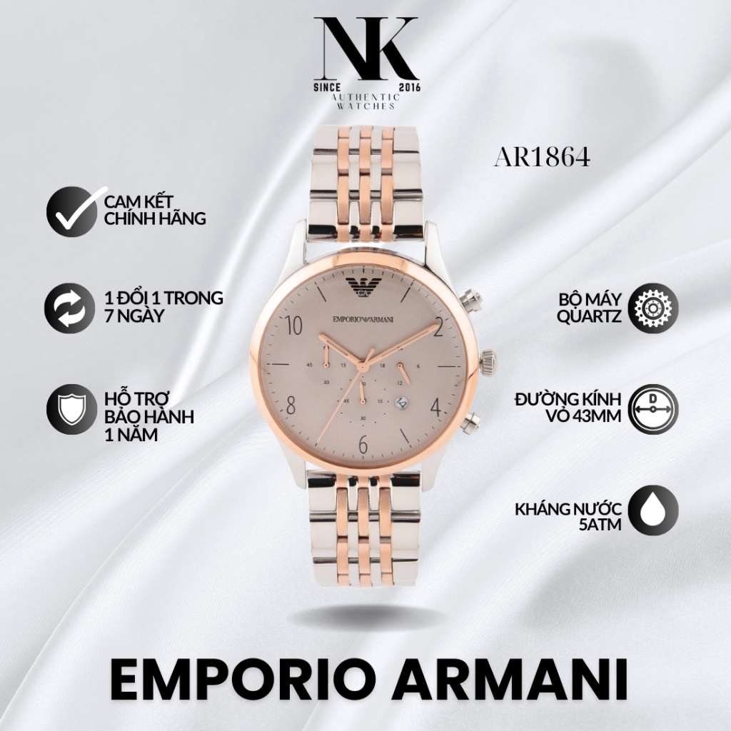 Đồng hồ EMPORIO ARMANI nam AR1864 43mm, mặt xám, vỏ bạc, dây kim loại cao cấp