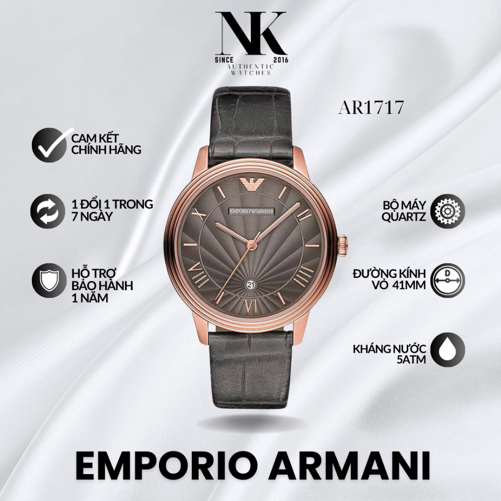 Đồng hồ EMPORIO ARMANI nam AR1717 41mm mặt đen vân nổi, vỏ vàng hồng, dây da lịch lãm