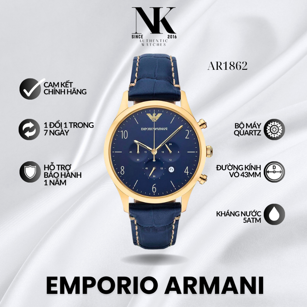 Đồng hồ EMPORIO ARMANI nam AR1862 43mm, mặt xanh dương, vỏ vàng, dây da sang trọng