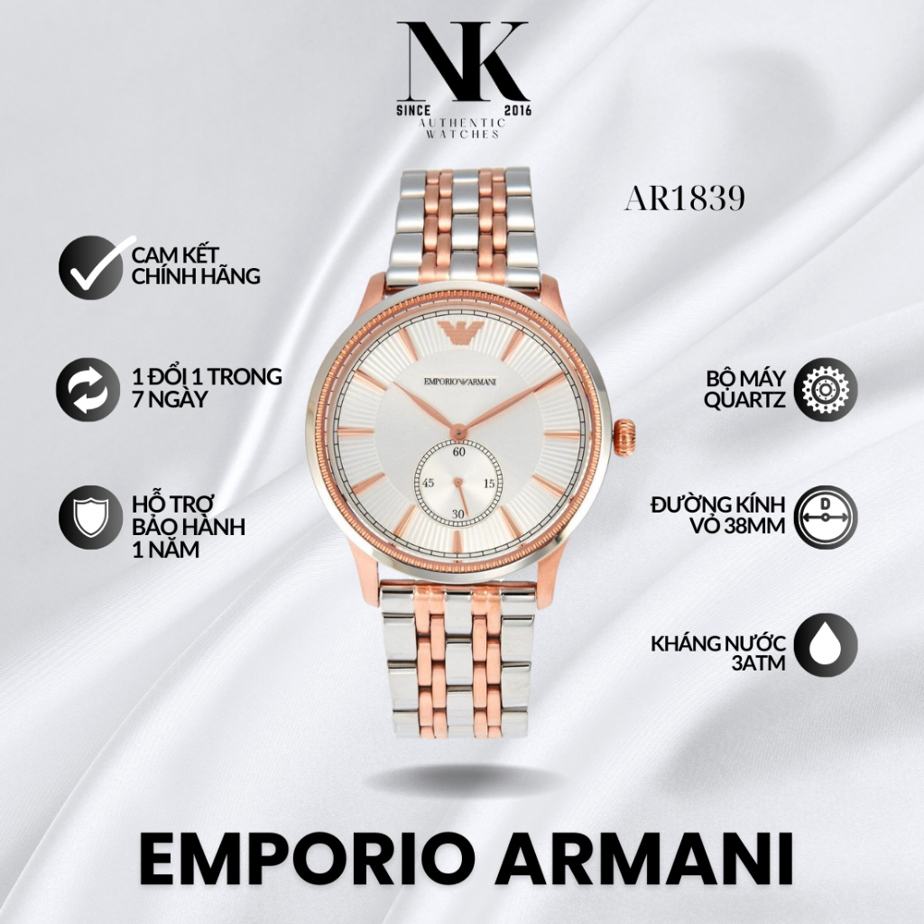 Đồng hồ EMPORIO ARMANI nam AR1839 38mm, mặt trắng, vỏ bạc viền hồng, dây kim loại sang trọng