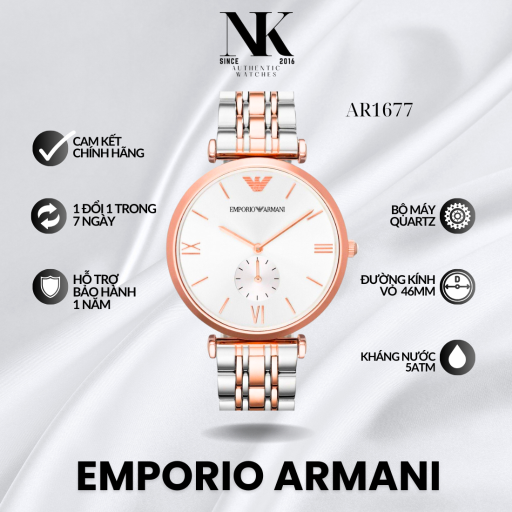 Đồng hồ EMPORIO ARMANI nam AR1677 40mm, mặt trắng, vỏ vàng hồng, dây kim loại sang trọng