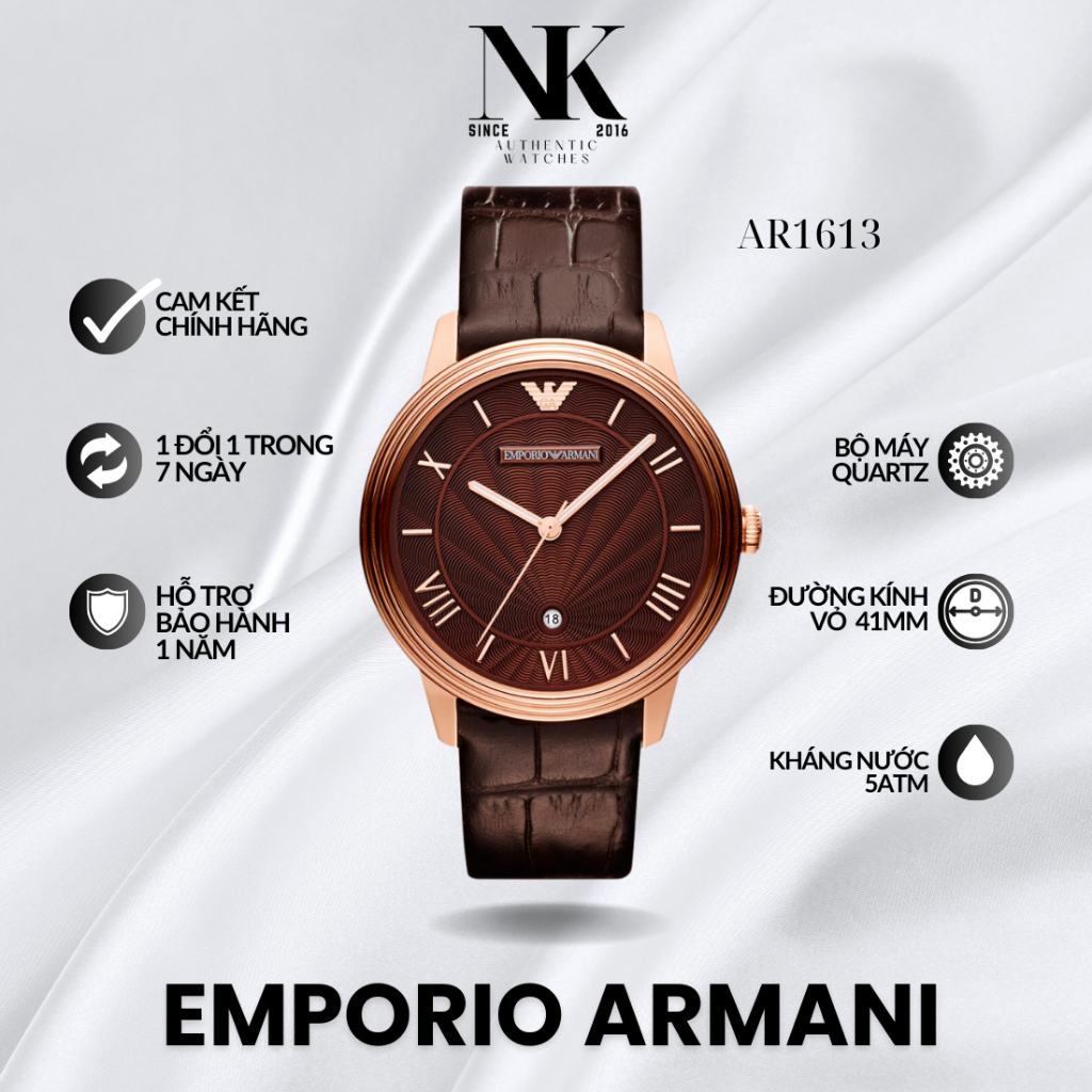Đồng hồ EMPORIO ARMANI nam AR1613 41mm, mặt nâu vân nổi, vỏ vàng hồng, dây da nâu sang trọng