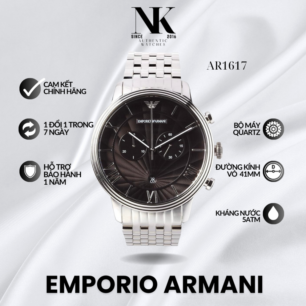 Đồng hồ EMPORIO ARMANI nam AR1617 46mm, mặt đen vân nổi, vỏ bạc, dây kim loại cao cấp