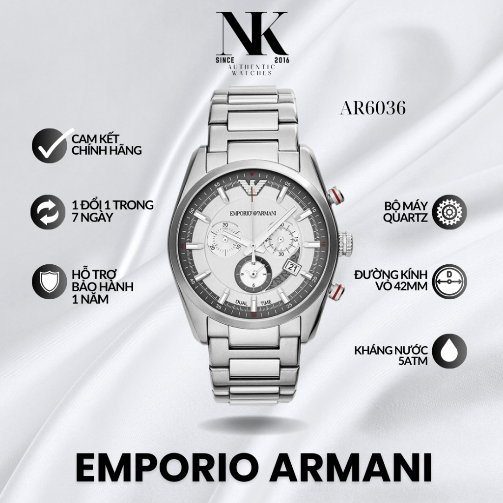 Đồng hồ EMPORIO ARMANI nam AR6036 42mm, mặt trắng, vỏ bạc, dây kim loại cao cấp
