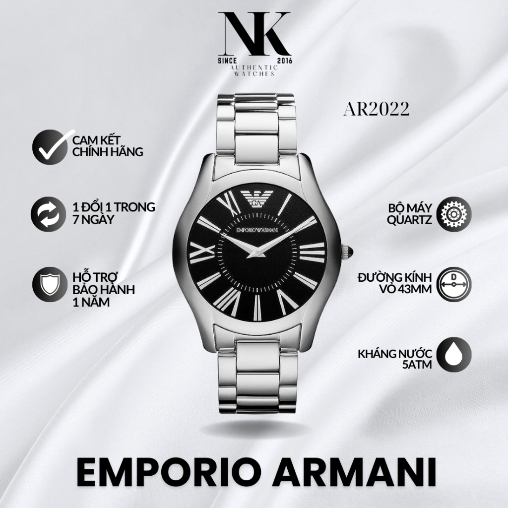 Đồng hồ EMPORIO ARMANI nam AR2022 43mm, mặt đen, vỏ bạc, dây kim loại sang trọng