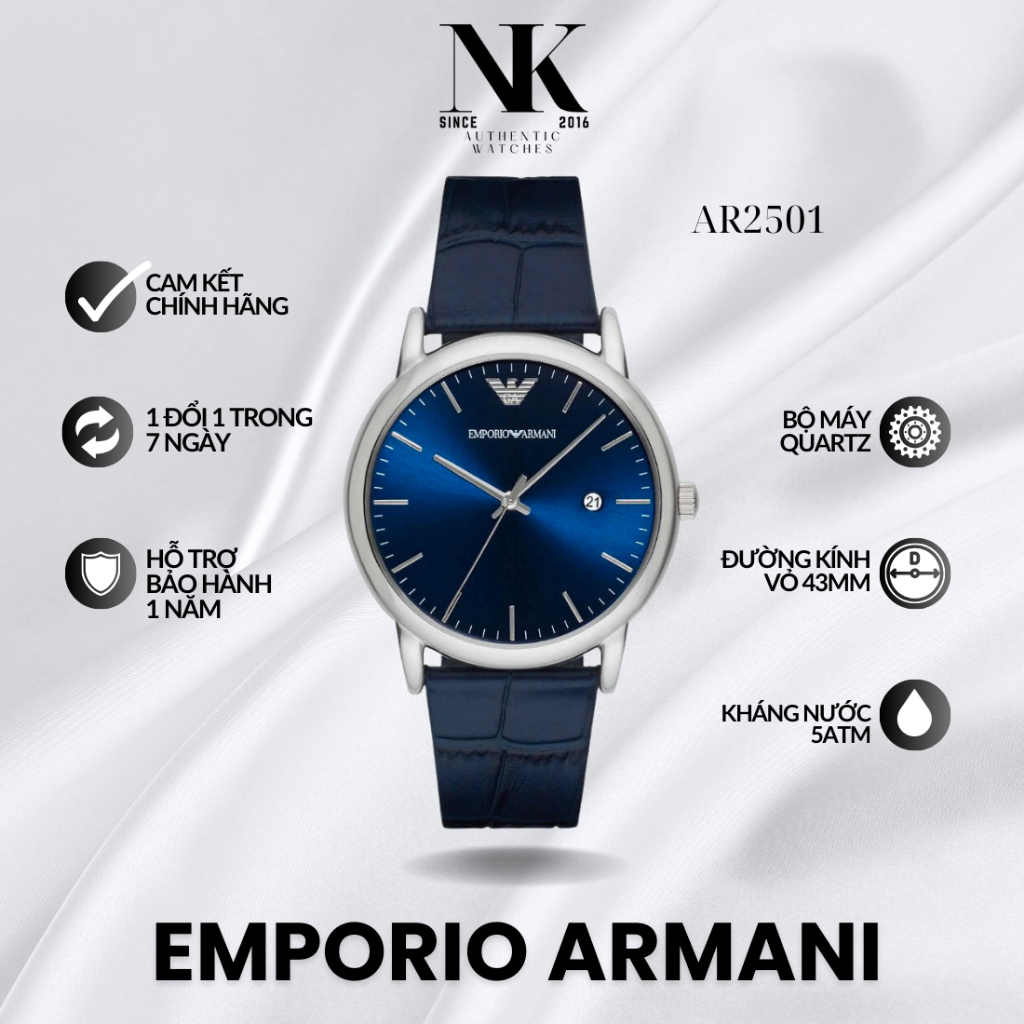 Đồng hồ EMPORIO ARMANI nam AR2501 41mm, mặt xanh, vỏ bạc, dây da cao cấp