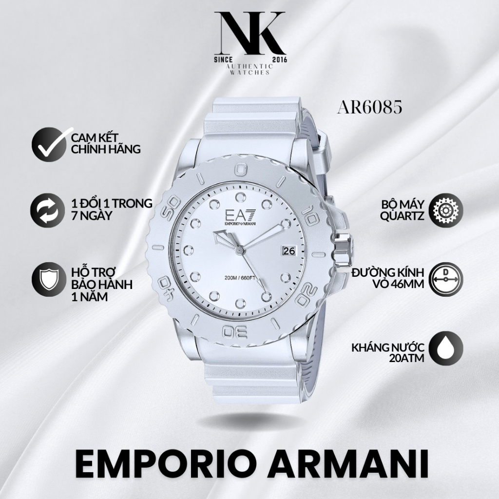 Đồng hồ EMPORIO ARMANI AR6085 46mm, mặt trắng, vỏ bạc, dây silicon cao cấp