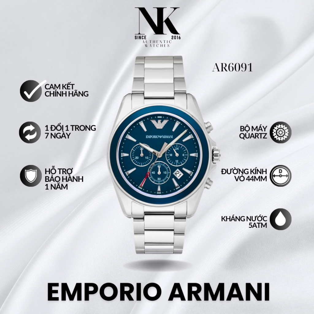 Đồng hồ EMPORIO ARMANI nam AR6091 44mm mặt xanh, vỏ bạc, dây đeo kim loại sang trọng
