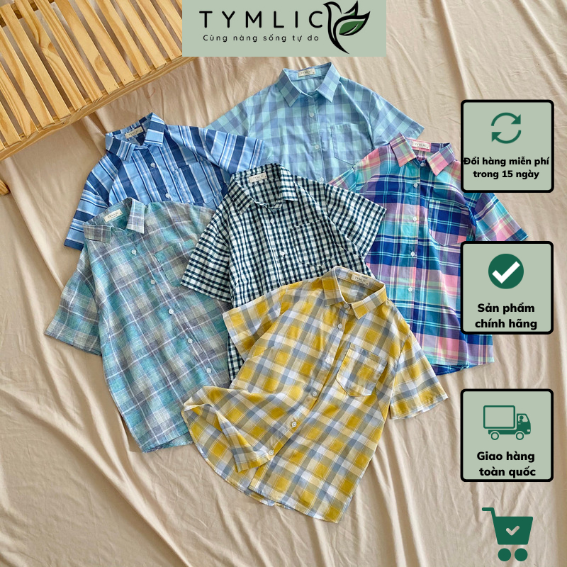 (MÀU 1 - 12) Áo Sơ Mi Cơ Bản Cổ Đức Tay Ngắn Hoạ Tiết Caro Nhiều Màu TYMLIC