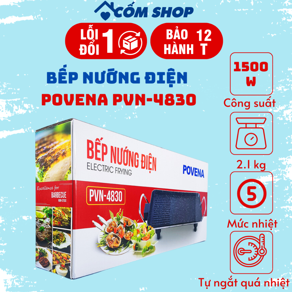 Bếp Nướng Điện POVENA 1500W PVN-4830 (rộng gấp đôi bếp nướng shuhouse 4607) mặt chống dính to phù hợp gia đình 6-8 người