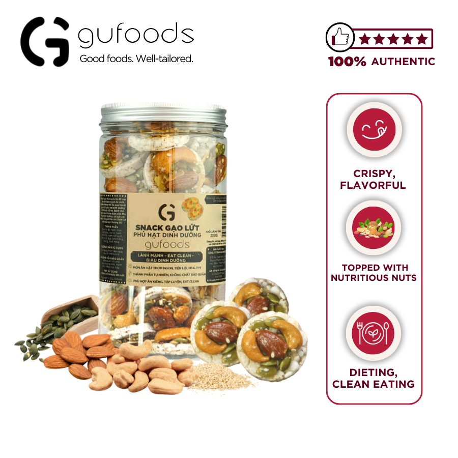 Snack gạo lứt phủ granola - GUfoods brown-rice snack topped with vegan granola - Healthy, Clean eating (200g)